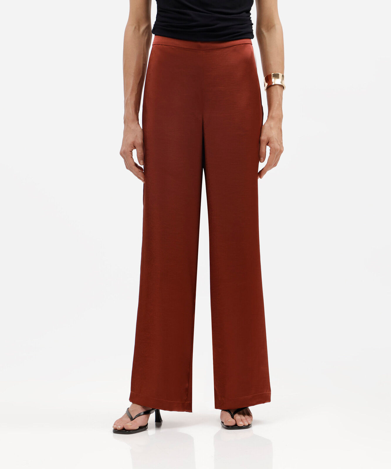 calça wide leg feminina cós elástico acetinada marrom