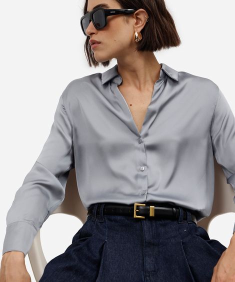 camisa feminina manga longa acetinada cinza
