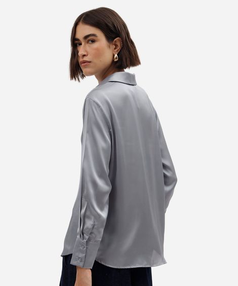 camisa feminina manga longa acetinada cinza