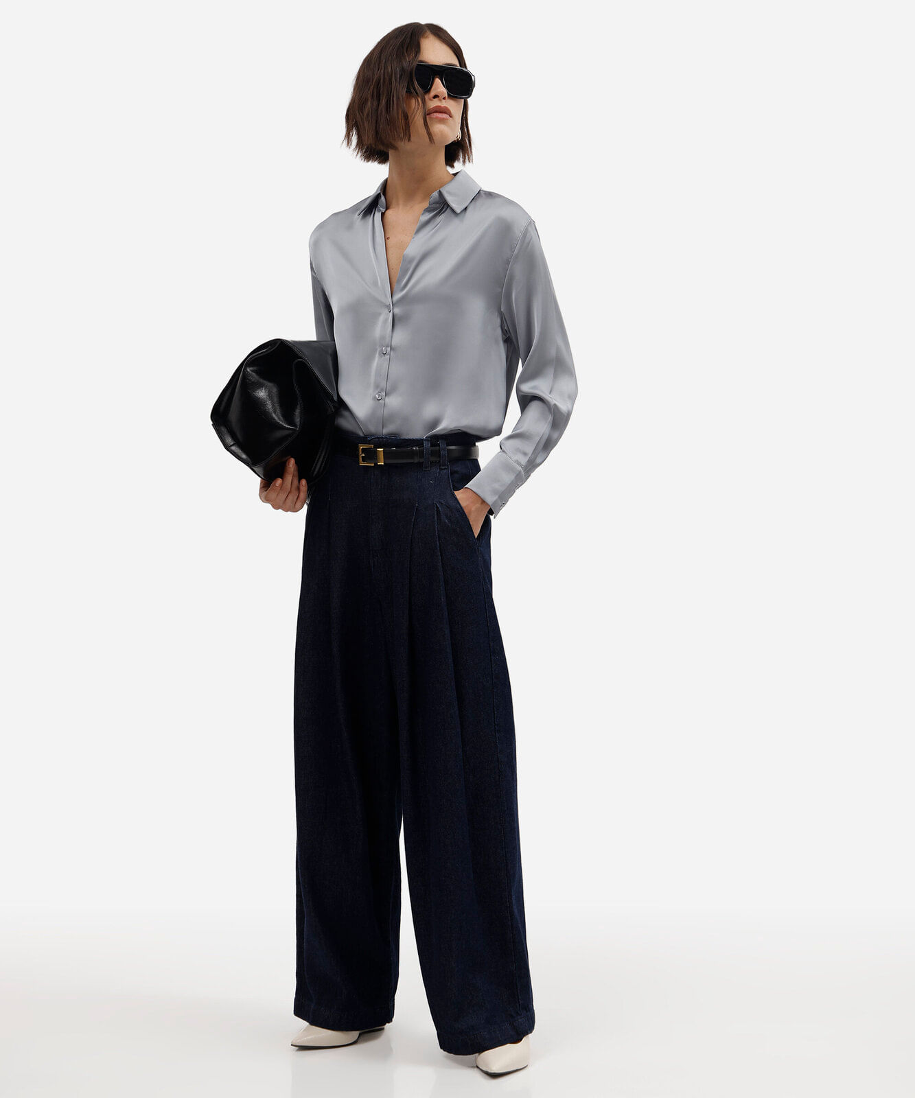 camisa feminina manga longa acetinada cinza