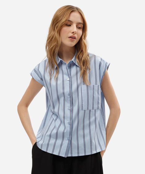 camisa sem manga oversized feminina de algodão com bolso listrada azul