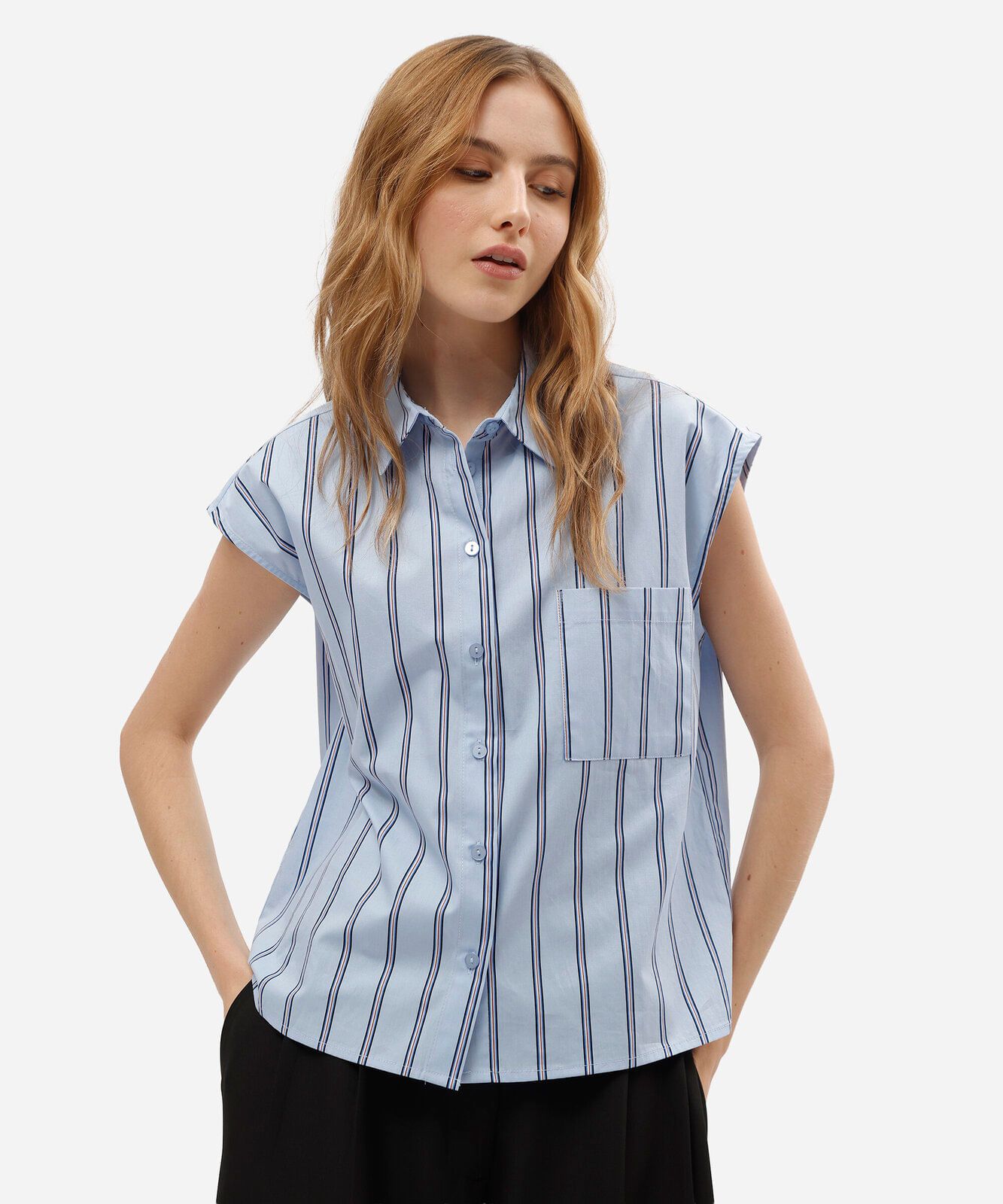 camisa sem manga oversized feminina de algodão com bolso listrada azul