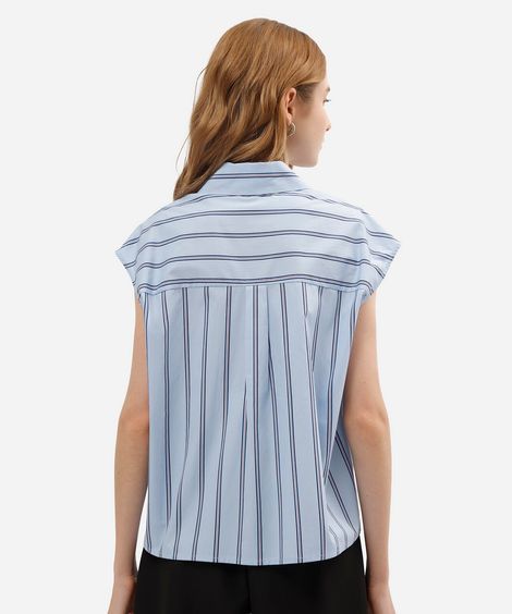 camisa sem manga oversized feminina de algodão com bolso listrada azul