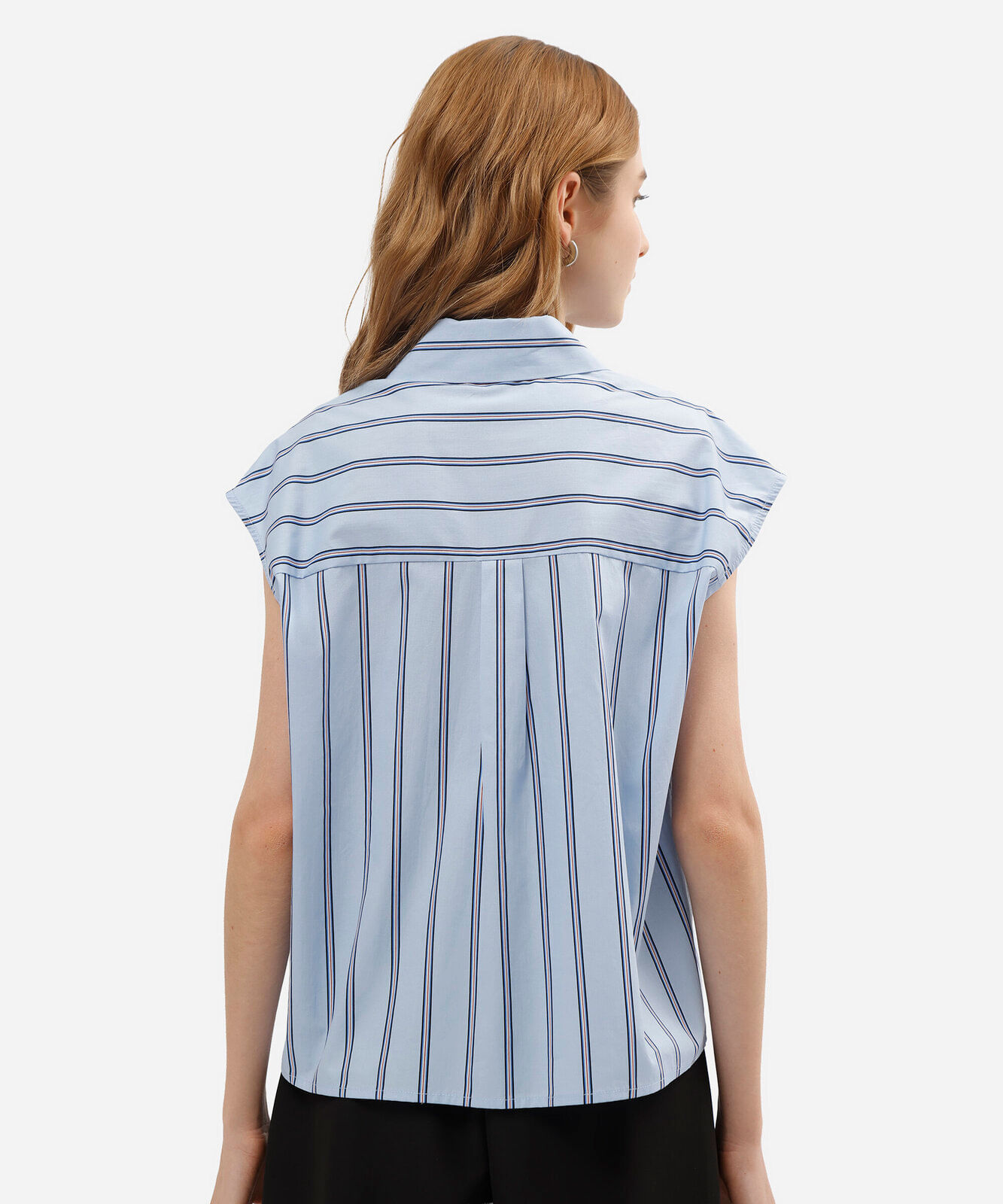 camisa sem manga oversized feminina de algodão com bolso listrada azul