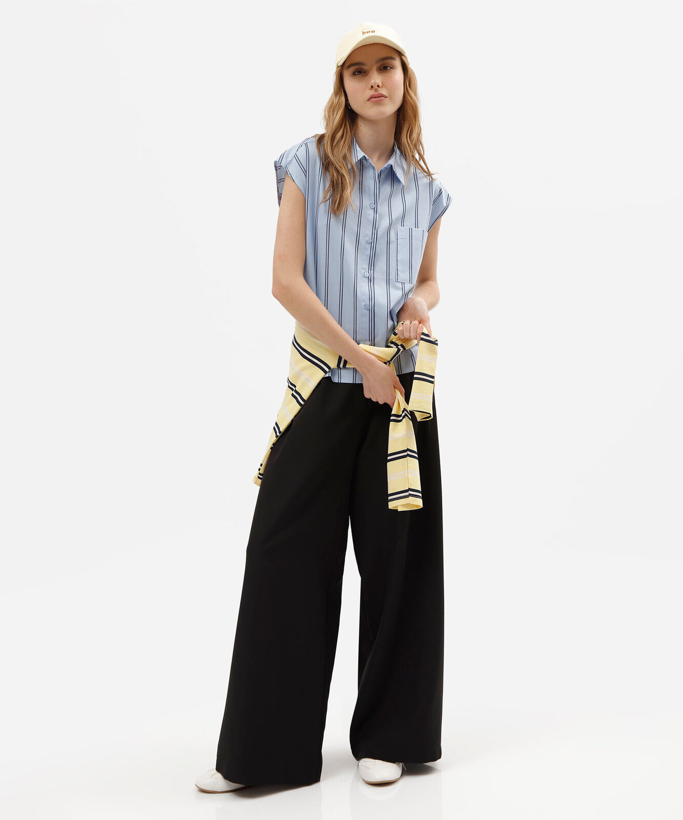 camisa sem manga oversized feminina de algodão com bolso listrada azul