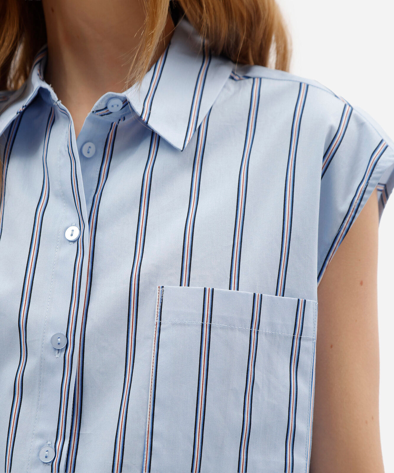 camisa sem manga oversized feminina de algodão com bolso listrada azul