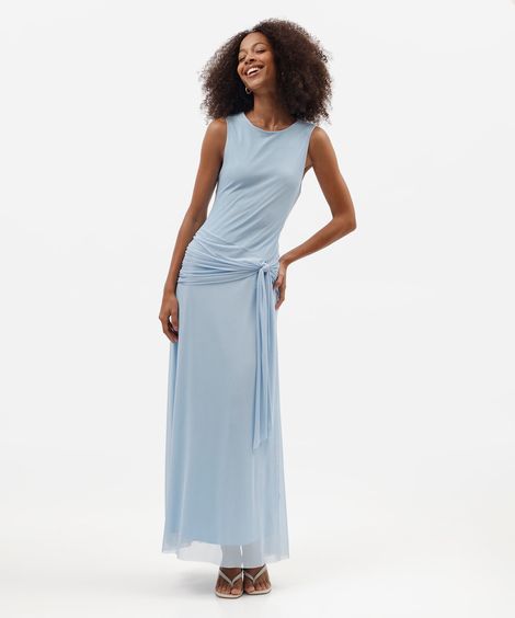 vestido longo feminino de tule com amarração azul