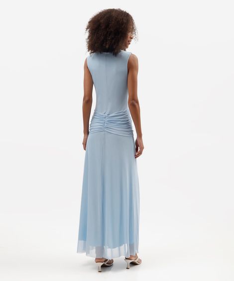 vestido longo feminino de tule com amarração azul