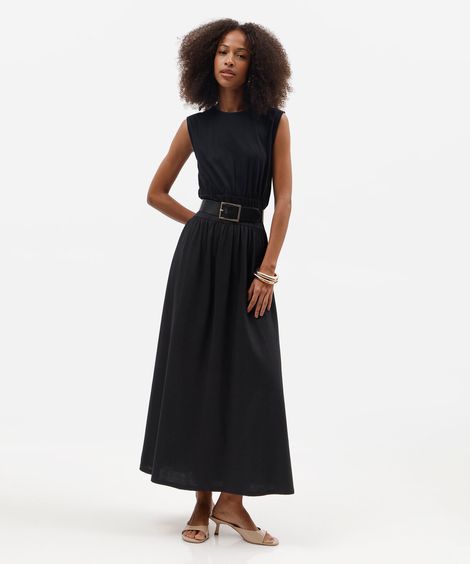 vestido midi feminino de algodão com recorte franzido preto