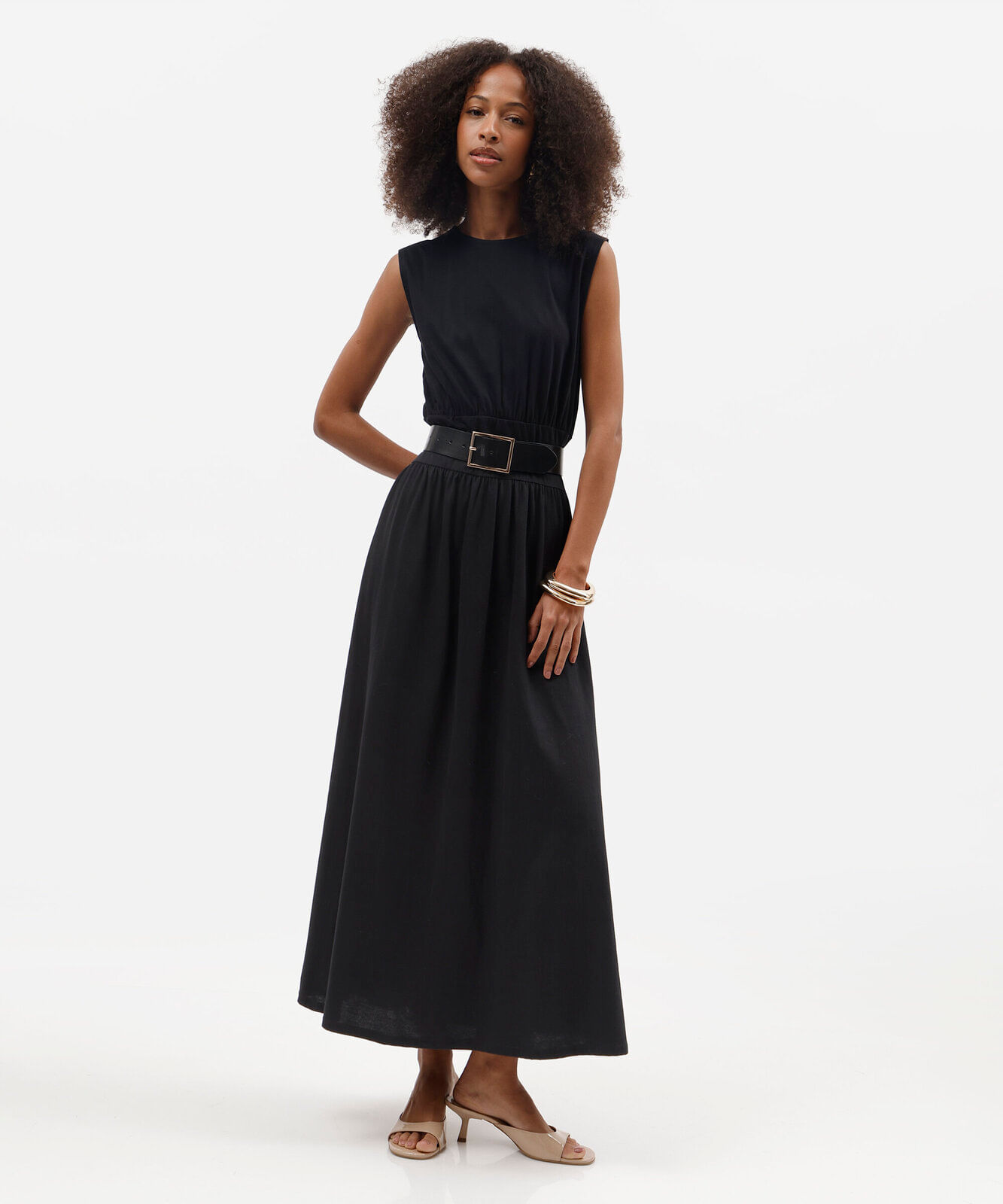 vestido midi feminino de algodão com recorte franzido preto