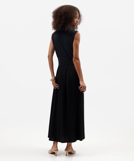 vestido midi feminino de algodão com recorte franzido preto