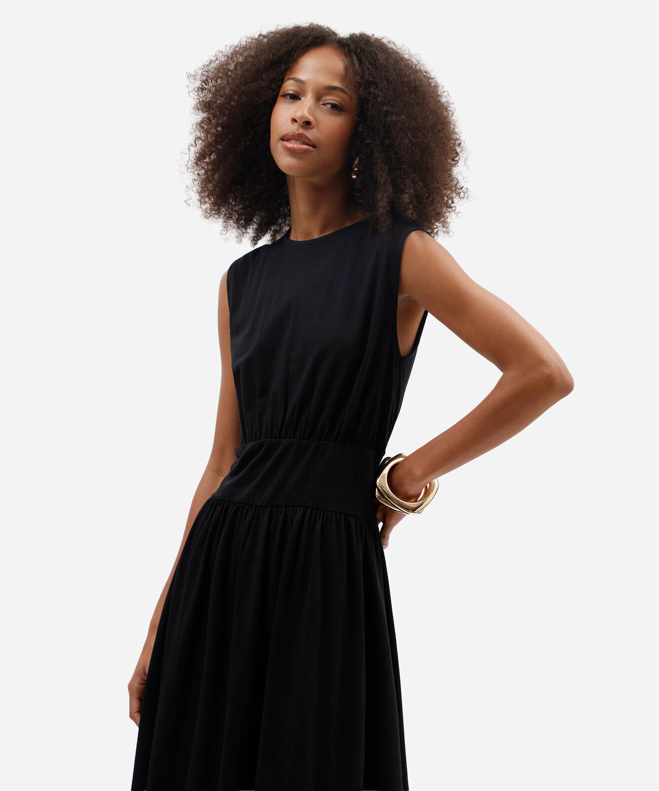vestido midi feminino de algodão com recorte franzido preto