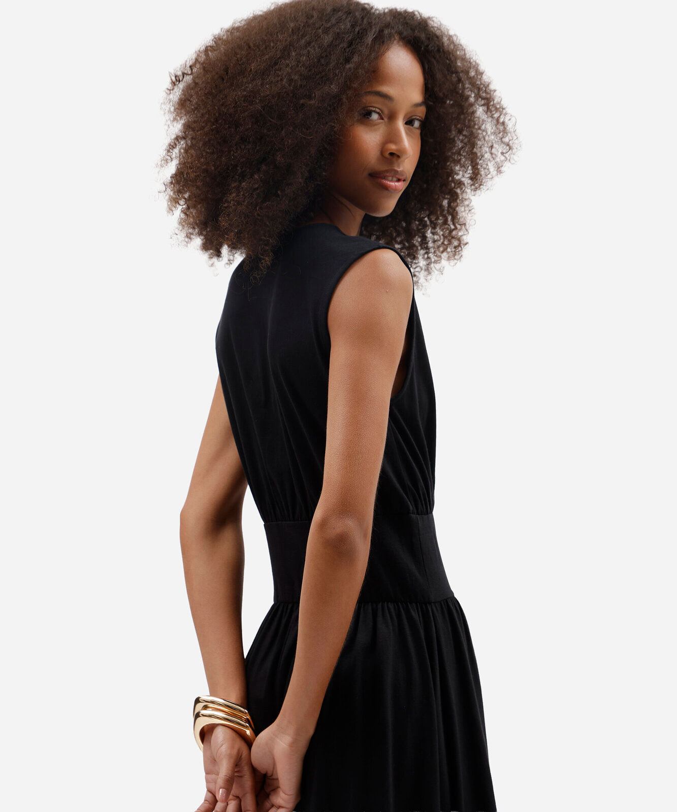 vestido midi feminino de algodão com recorte franzido preto