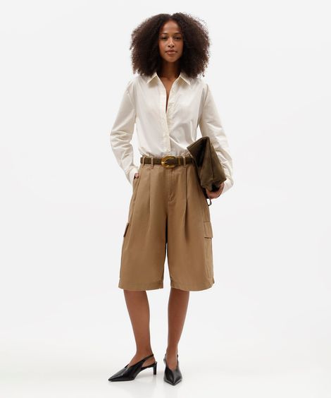 bermuda jorts cargo feminina de sarja cintura média bege
