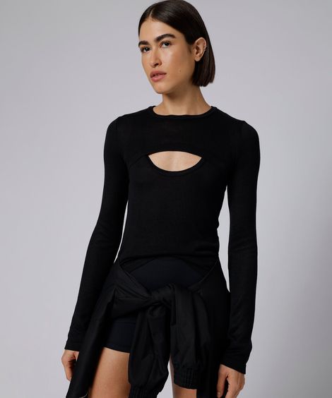blusa feminina de tricot com sobreposição mindset giomei preta