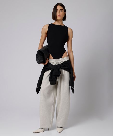 calça baggy feminina de moletom com pregas mindset giomei cinza