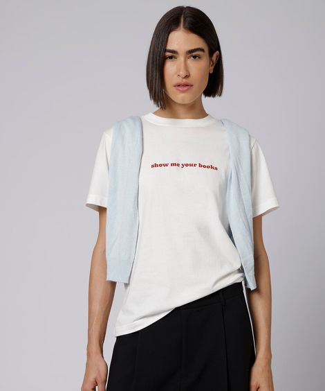 camiseta feminina de algodão manga curta estampada mindset off white