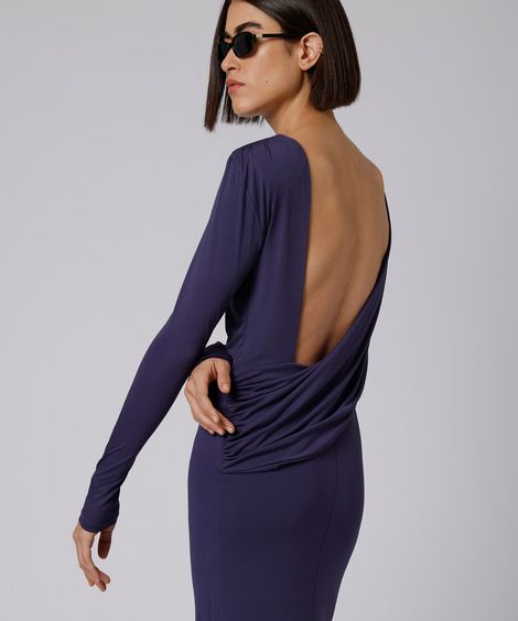 vestido longo feminino decote costas com ombreiras mindset roxo