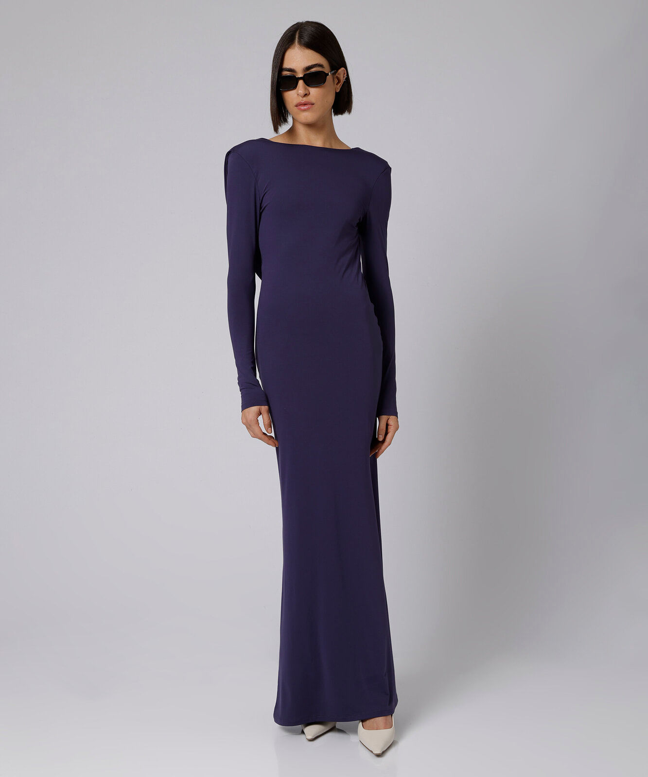 vestido longo feminino decote costas com ombreiras mindset roxo