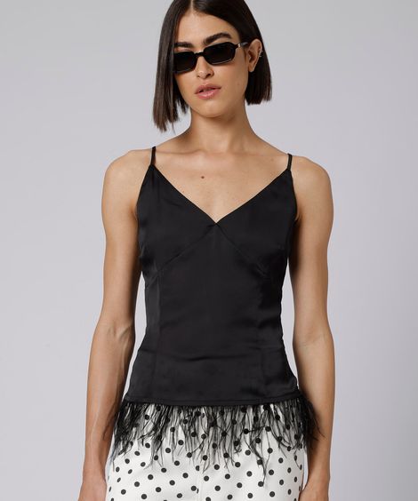 regata alça fina feminina acetinada com plumas mindset preta