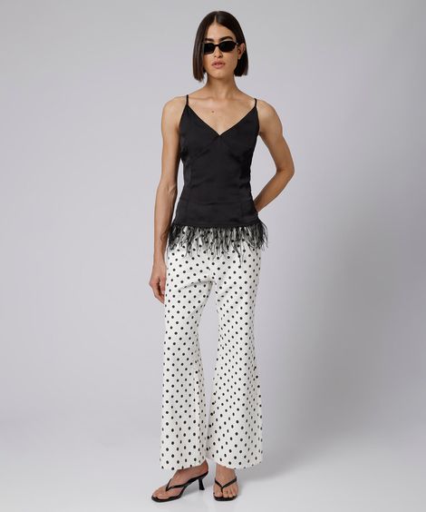 calça flare feminina de sarja cintura alta poá mindset off white