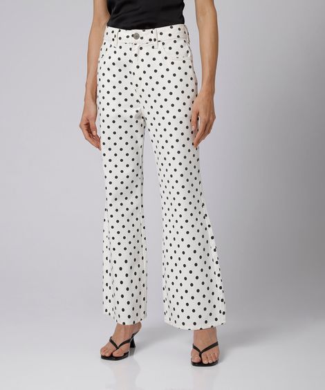 calça flare feminina de sarja cintura alta poá mindset off white