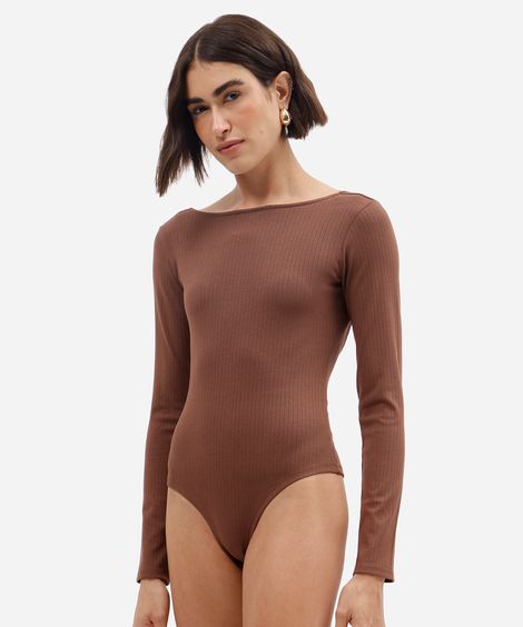 body feminino de viscose decote costas manga longa canelado marrom