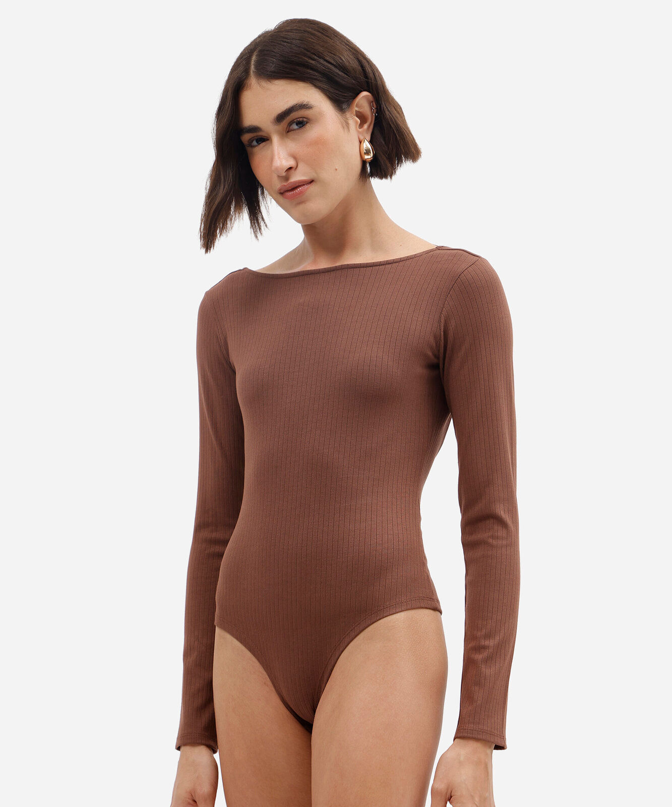body feminino de viscose decote costas manga longa canelado marrom