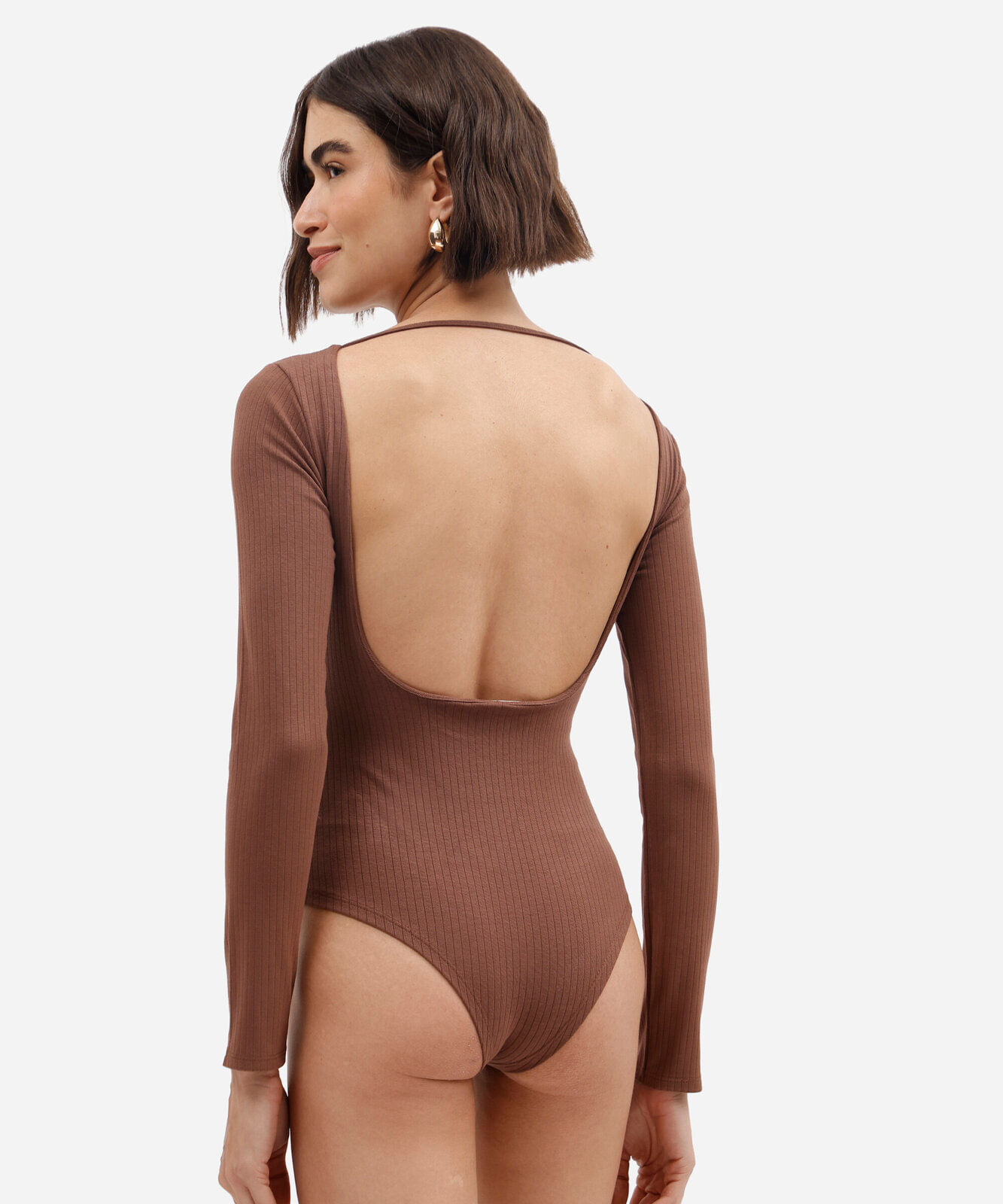 body feminino de viscose decote costas manga longa canelado marrom