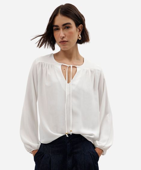 bata feminina manga longa com amarração off white