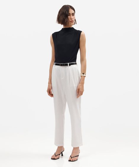 calça de alfaiataria feminina cós elástico com pregas risca de giz off white