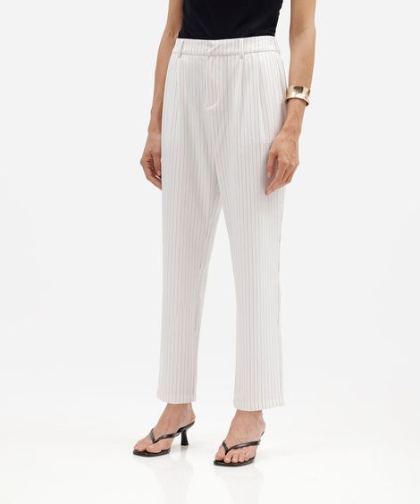 calça de alfaiataria feminina cós elástico com pregas risca de giz off white