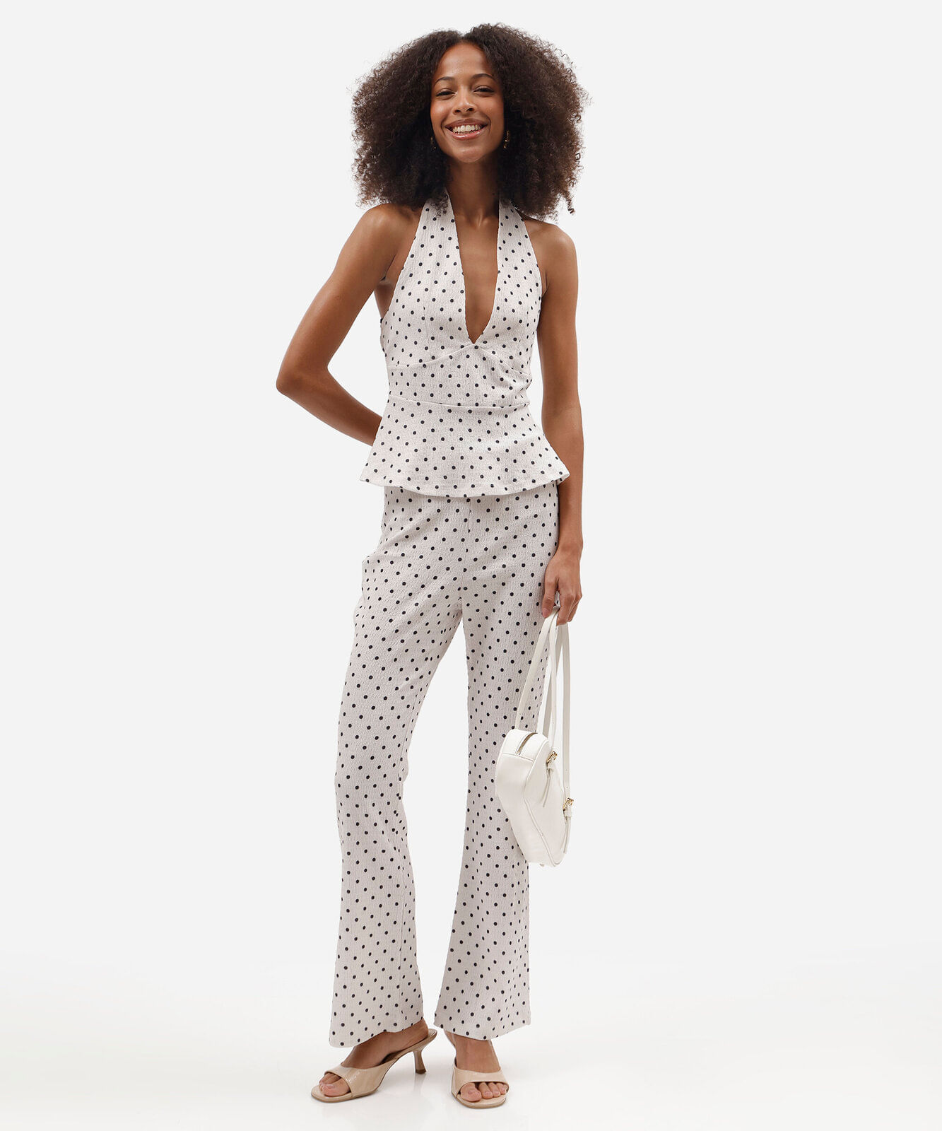 blusa frente única feminina peplum poá texturizada off white