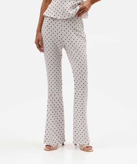 calça flare feminina cós elástico texturizada poá off white