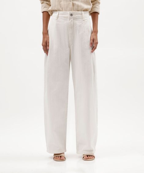 calça balloon feminina de sarja com pregas cintura média texturizada off white
