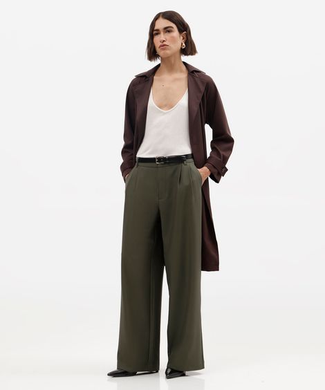 calça wide leg de alfaiataria feminina com pregas cintura alta verde