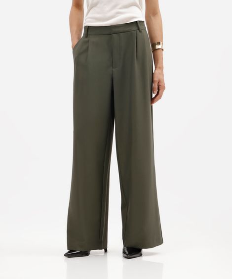 calça wide leg de alfaiataria feminina com pregas cintura alta verde