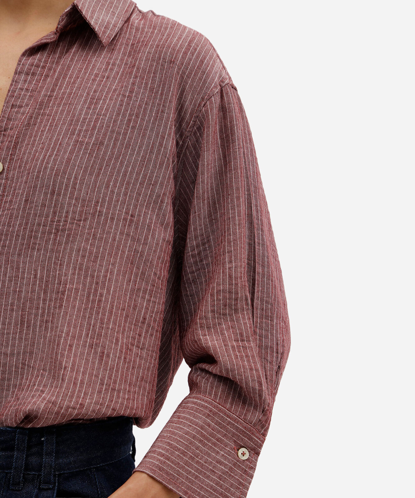 camisa feminina com linho manga longa listrada vinho