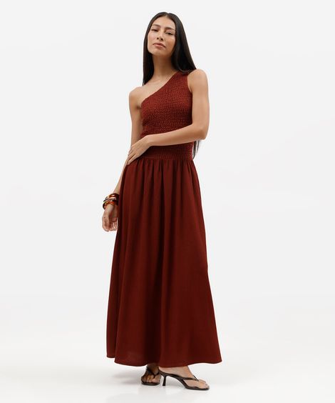 vestido longo feminino ombro único texturizado vinho