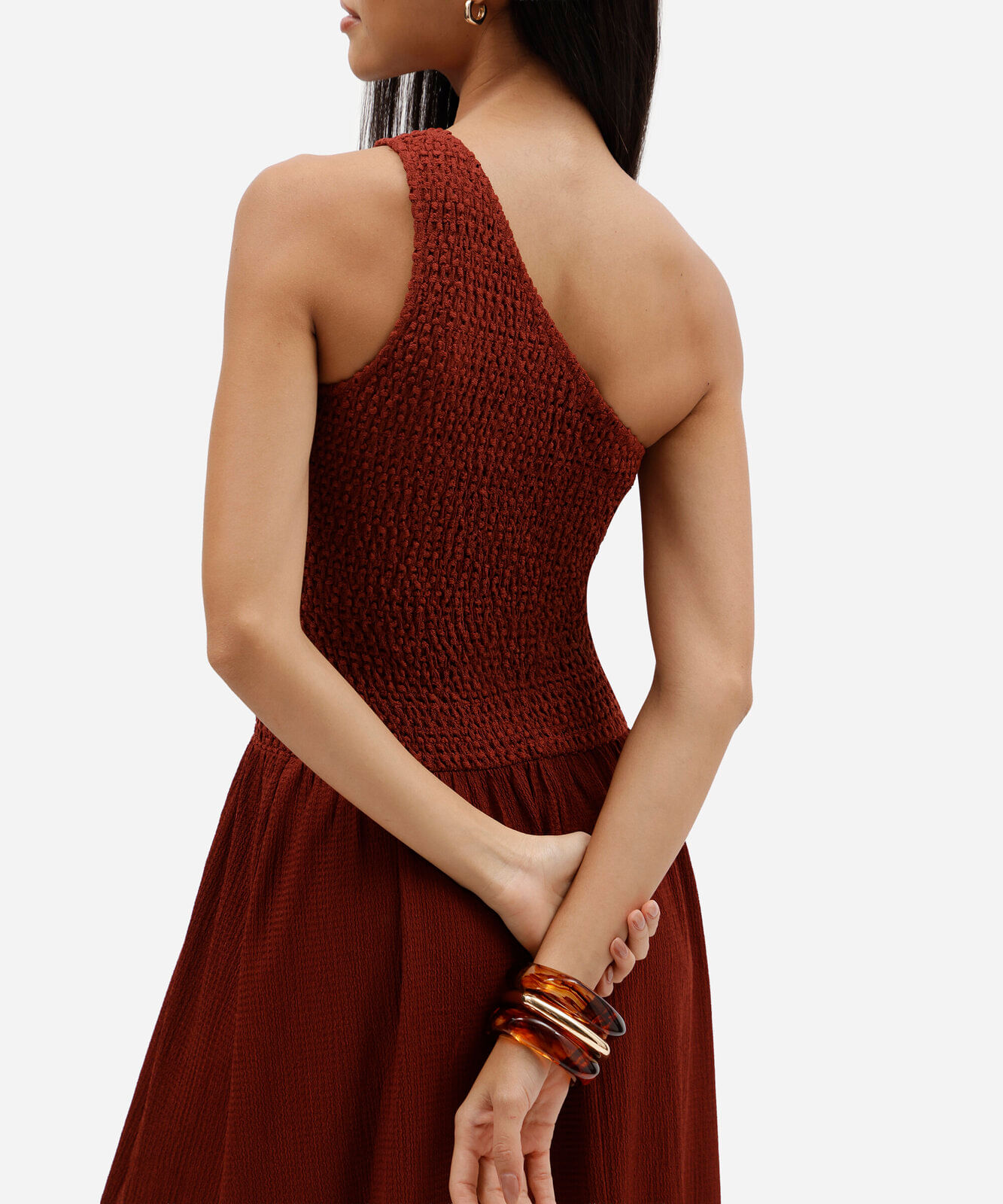 vestido longo feminino ombro único texturizado vinho