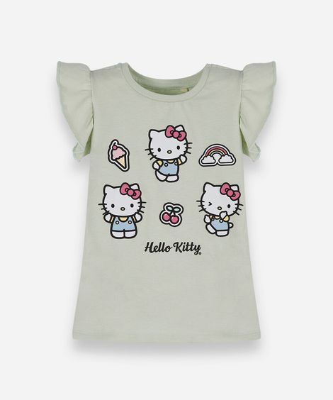 camiseta infantil de algodão com estampa hello kitty verde