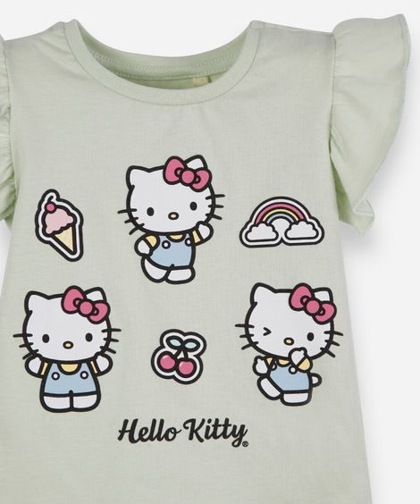 camiseta infantil de algodão com estampa hello kitty verde