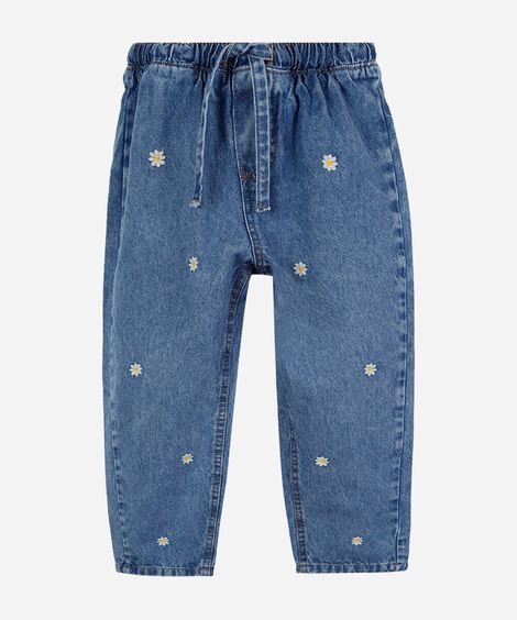 calça infantil balloon jeans com bordado margarida azul