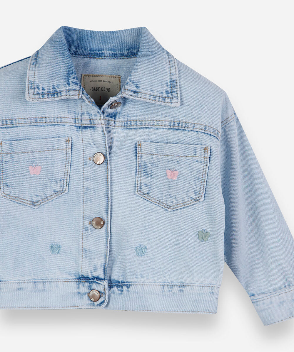 jaqueta infantil jeans com bordado de borboleta azul