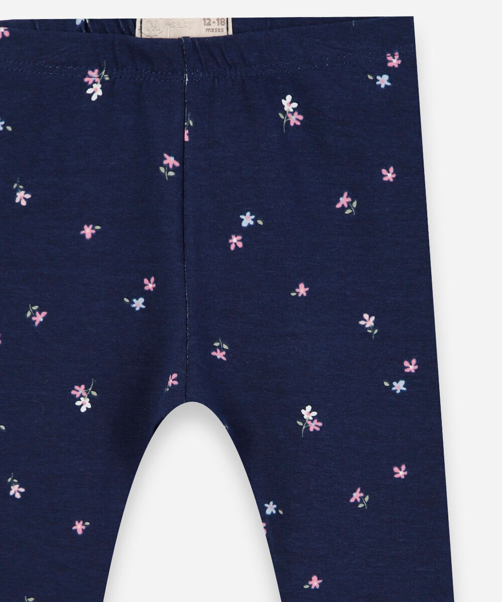 calça legging infantil de algodão com estampa floral azul