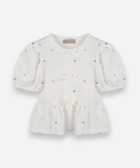 blusa infantil peplum de malha texturizada com laços e manga bufante off white