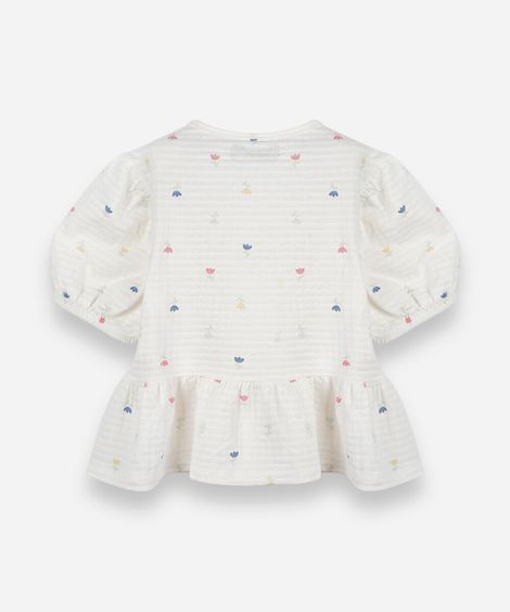 blusa infantil peplum de malha texturizada com laços e manga bufante off white