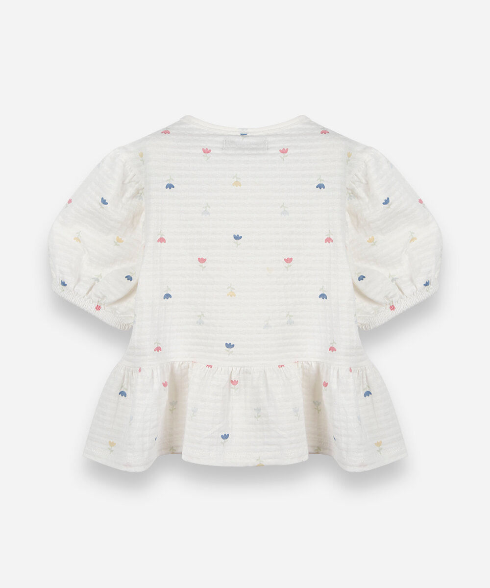 blusa infantil peplum de malha texturizada com laços e manga bufante off white