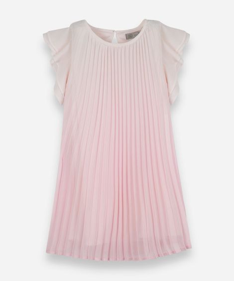 vestido infantil plissado de chiffon com manga curta rosa