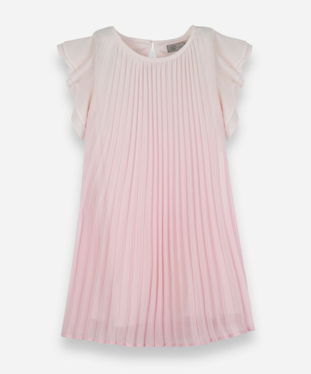 vestido infantil plissado de chiffon com manga curta rosa